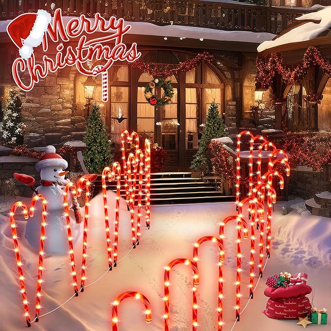 COOWUFAN 28" Christmas Candy Cane Pathway Markers Lights, Set of 24 Pack Christmas Outdoor Decorations, Waterproof Candy Cane Decor for Indoor Outside Yard Garden Patio Lawn