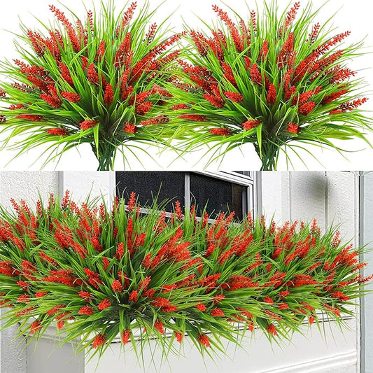 Sggvecsy 12 Bundles Artificial Plants Outdoor Faux Lavender Flowers Fake Monkey Grass UV Resistant Plastic Greenery Plants for Garden Home Porch Window Patio Hanging Planter Indoor Decor (Red)