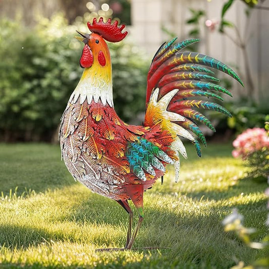 21" Metal Rooster Yard Decor, Outdoor Garden Statues, Metal Chicken Sculpture for Backyard Patio Kitchen Decor