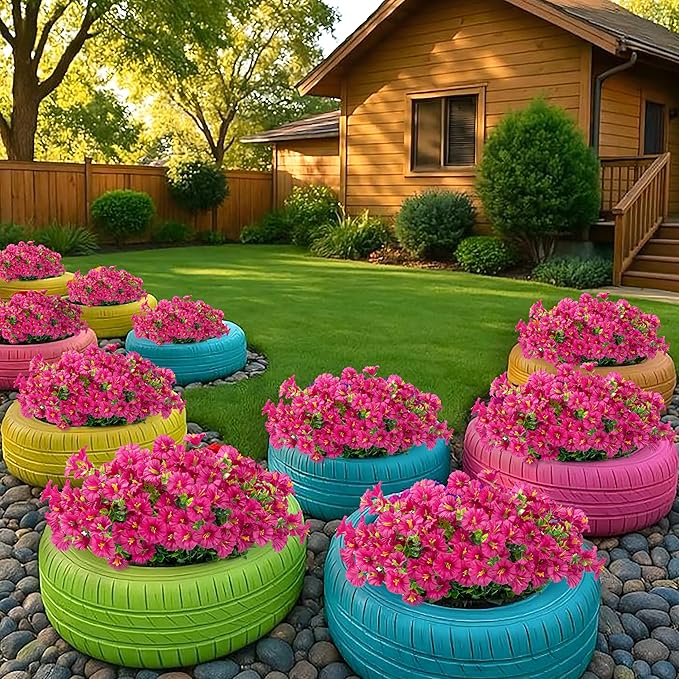 Artificial Flowers for Outdoor Indoor Garden Home Decoration, Faux Flower Daisy with Eucalyptus Leaves Fake Plants Greenery Boxwood Porch Patio, 12 Bundles