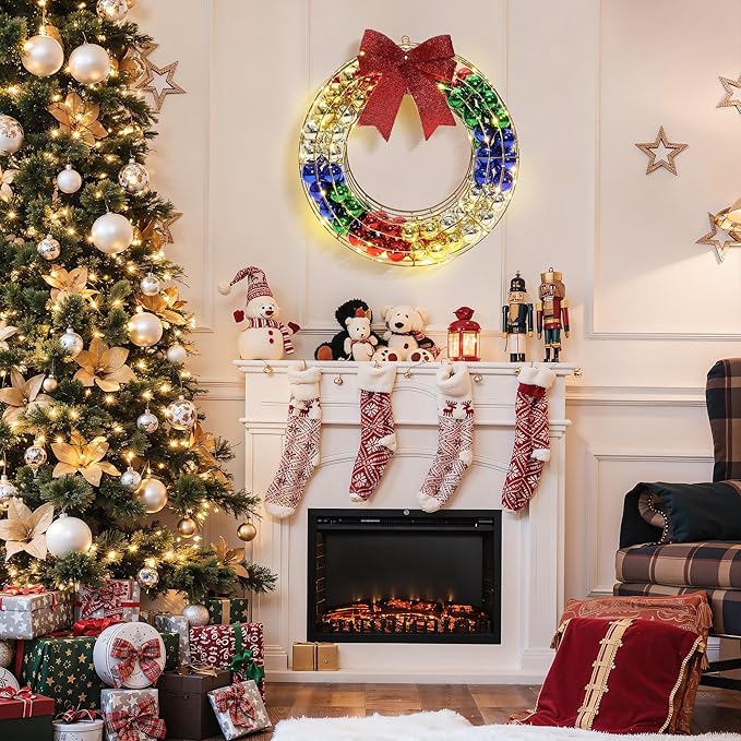 LuxenHome 24Inch Lighted Christmas Wreath, Christmas Outdoor Decorations, Large Wreath with Red Bow 188 LED Lights, Ornament Colorful Balls for Indoor, Lawn, Yard, Garden, Holiday Decor