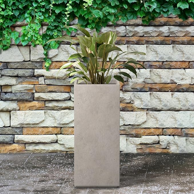 Kante 23.6" H Tall Rectangular Concrete Planter, Modern Design Plant Pot with Drainage Hole and Rubber Plug for Indoor Outdoor Plants, Patio, Garden and Home, Weathered Concrete
