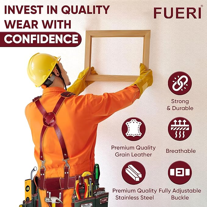 FUERI Tool Belt Leather Suspenders for Men Heavy Duty Bags Construction Carpenter Tools Electricians Framers