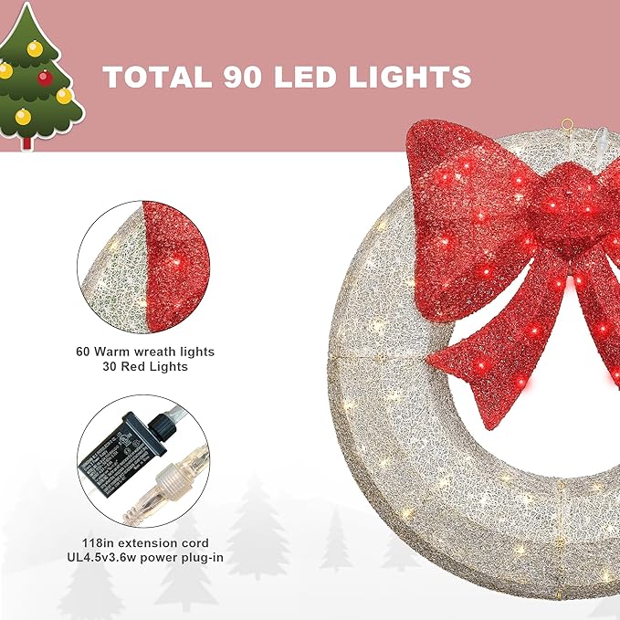 Lamerge 1PC Pre-Lit Outdoor Christmas Wreath Decorations, 36'' Bow Holiday Decor Wreath, Christmas Wreath with 90 Lights, Lights Outdoor/Indoor Decorations for Front Door, Wall, Window, White