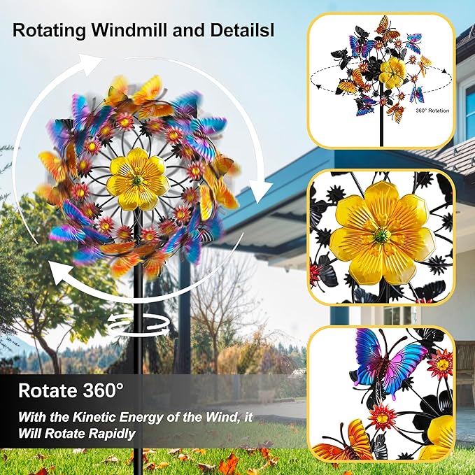Double Blade Butterfly Wind Spinners, Outdoor Garden 360° Swivel Spinners 50 inch Garden Stakes Decor, Metal Flower Pinwheels for Yard and Lawn
