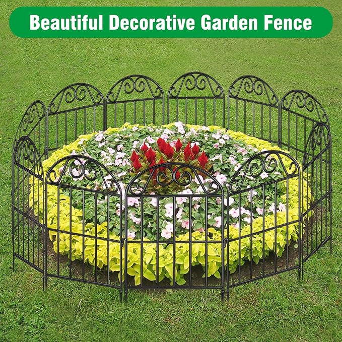 ADAVIN 10 Panels Collapsible Garden Fence Animal Barrier Fence,11ft(L) x 24in(H) Black Rustproof Metal Wire Panel Border for Dogs Rabbits, Flower Edging for Landscape Patio Yard Outdoor Decor, Arched