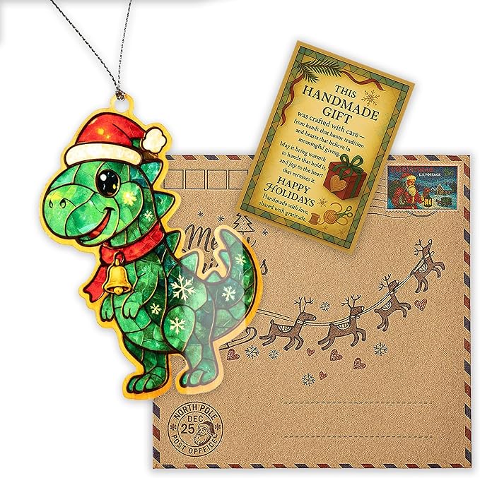 Dinosaur Ornament – Cute T Rex – Kids Holiday Tree Decor – Greeting Card – Christmas Dinosaur Ornament – Suncatcher Effect Stained Glass Window Hanging – Car Hanging