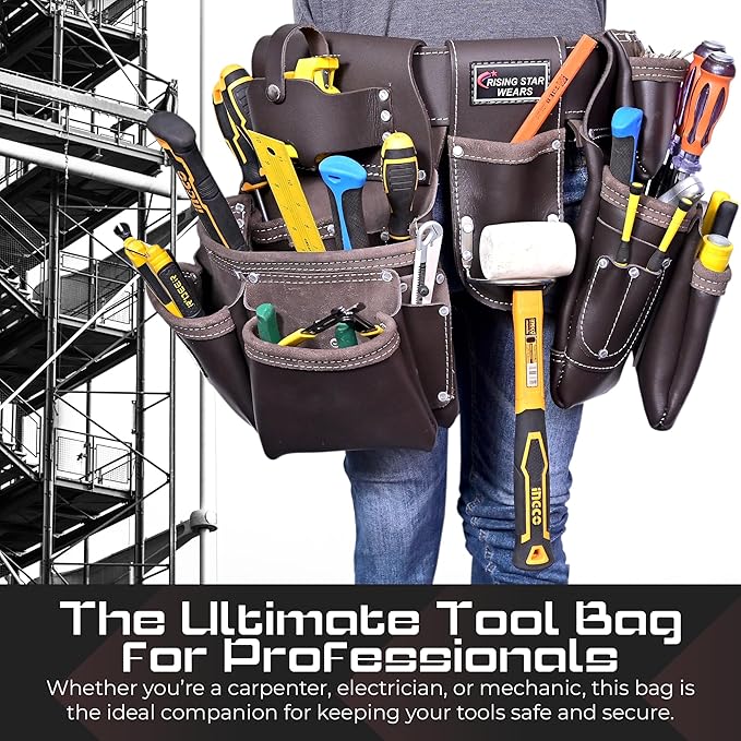 100% Leather Electrician Tool Pouch with Adjustable Belt,Stylish Tool Bag for Waist with 19 Pockets, Perfect for Carpenters,Plumbers, Electricians,Craftsmen,and Handymen