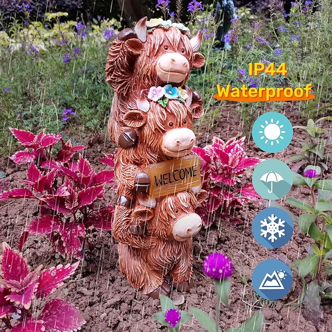 Solar Outdoor Figurine Lights Gnome Garden Decor Statue with LED Lantern, Glowing Fairy Yard Decorations for Outside Patio Yard Front Porch, Housewarming Home Decor Gifts Thanksgiving (Brown Cows)