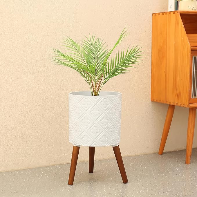 12 Inch Planter Pot with Stand, Planter for Indoor Plants, Modern Large Flower Planter Pot with Drainage Holes for Outdoor,Matte White