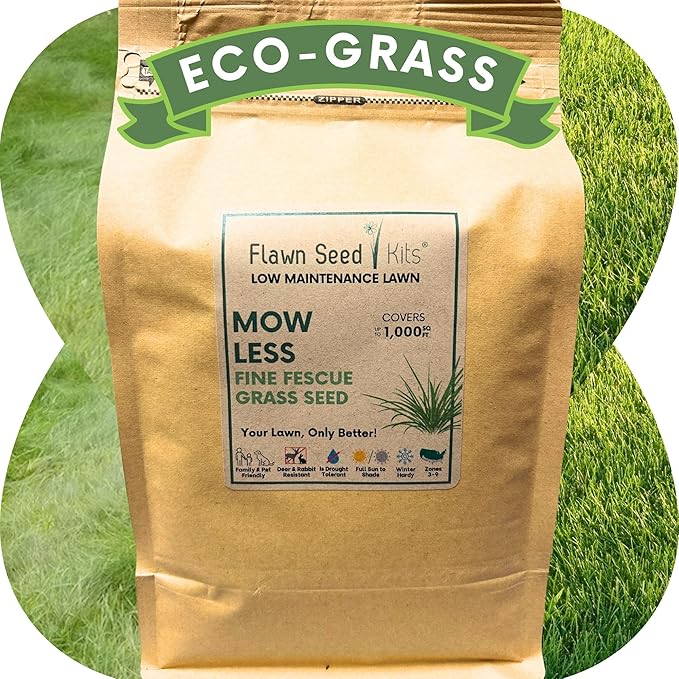 Flawn Seed Kits Mow Less Fine Fescue Grass Seed, 2 lbs, Low Maintenance Lawn, Shade Tolerant, Covers up to 1000 Sqft