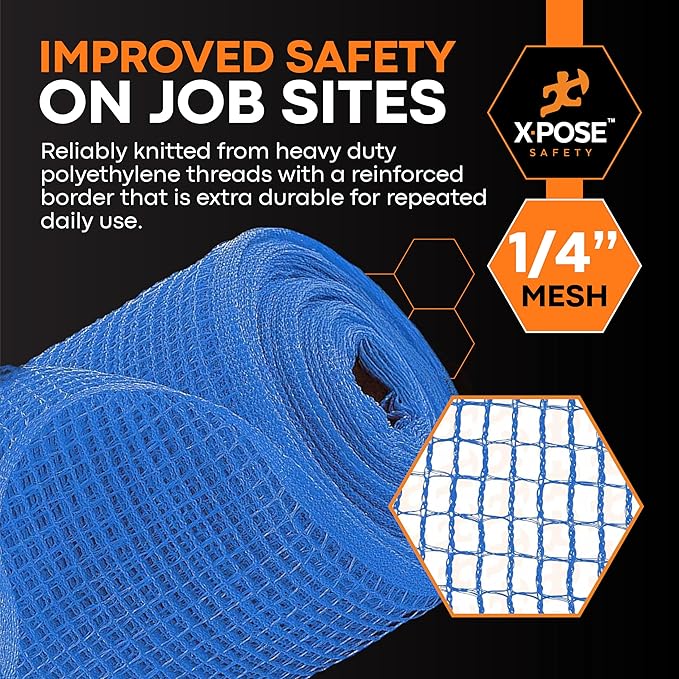 Xpose Safety Construction Safety Debris Netting - 150 Ft Temporary Material Roll, 1/4" Mesh Scaffold Net Enclosure, Visibility Barrier, Fencing Roll, Heavy Duty Fire Retardant 4 ft x 150 ft, Blue