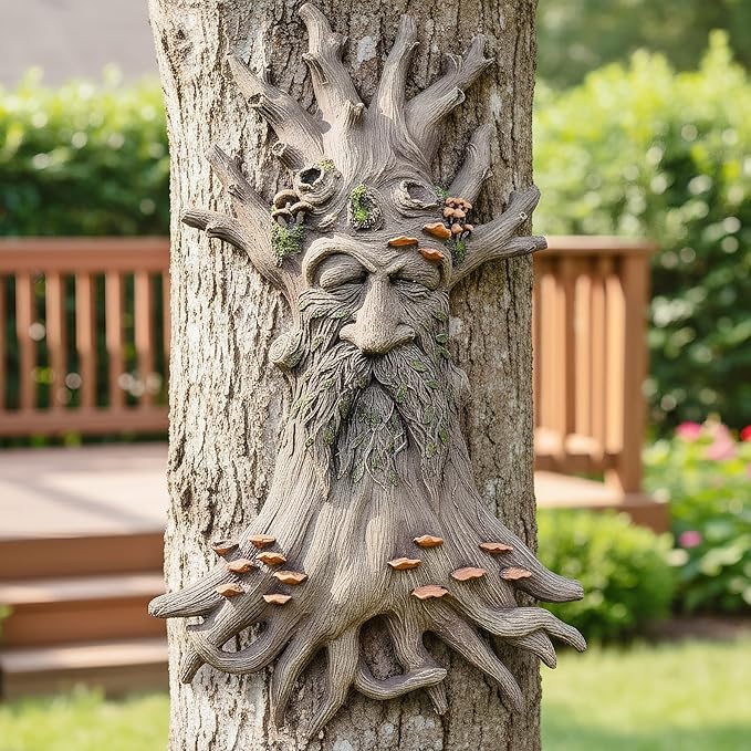 12" Real Tree Face Hugger Statue, Garden Trees Tree Huggers Decor with Mushroom Foliage Features, Outdoor Fairy Elve Accent Yard Art, Halloween Trees Decorations Outdoor Wall Mounted Statue