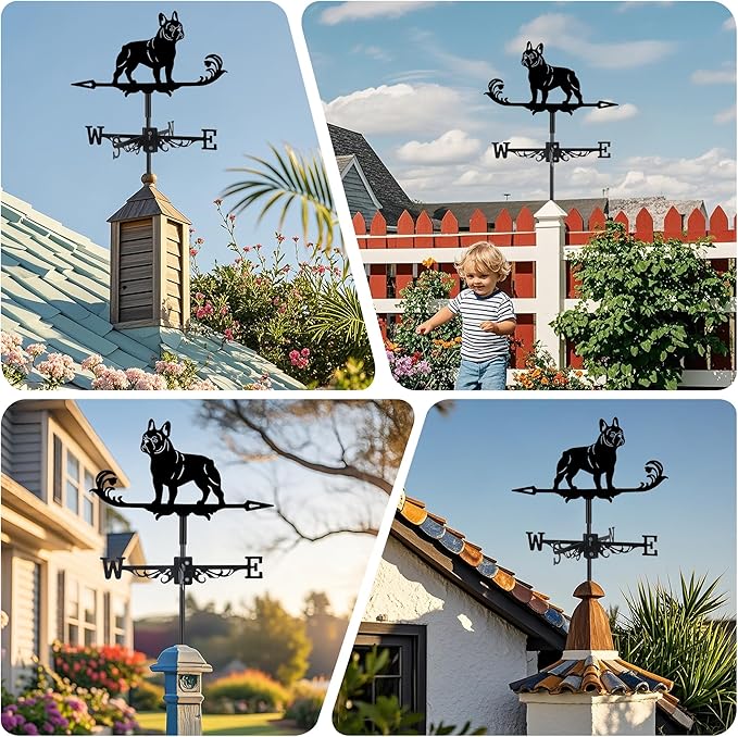 French Bulldog Weather Vane, Black Metal Dog Weathervane Roof Mount, Wind Direction Indicators Wind Measuring Tool Outdoor, Wind Vane Ornament Decoration for Shed Garden Yard Farmhouse Patio Decor