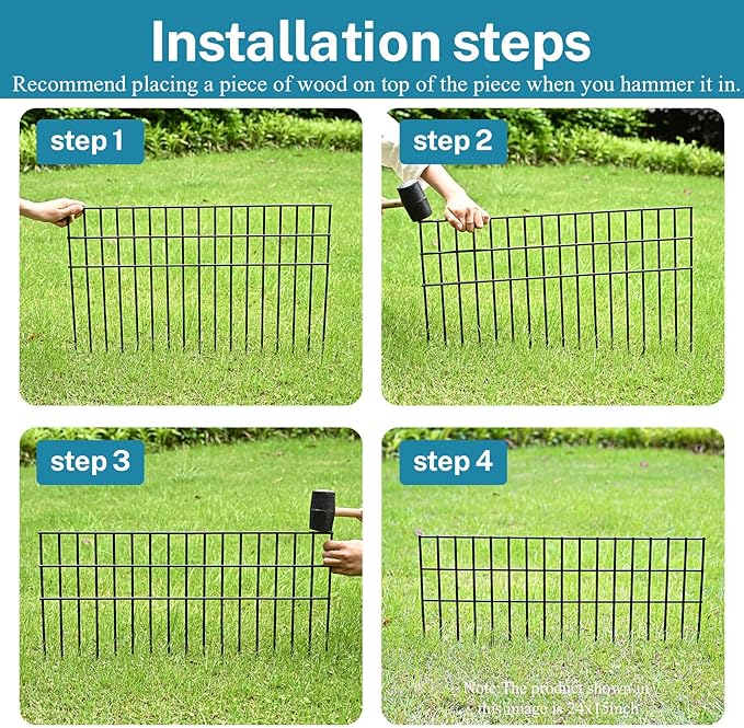 15 Pack 24in(L) X 15in(H) Small/Medium Animal Barrier Fence, 5.5mm Rod with 1.5" Rod Gap, Dog Rabbits Fences Black Metal Fence Panel Ground Stakes for Outdoor Patio. Total 30Ft(L)