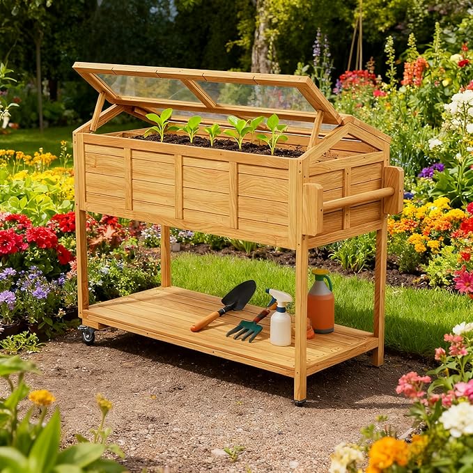 Raised Garden Beds Outdoor, Elevated Planter Box Cart On Lockable Wheels with Legs, Bed Liner,Storage Shelf,Seed Starter Tray for Backyard Patio Gardener Winter Outside (Minimalist Style)