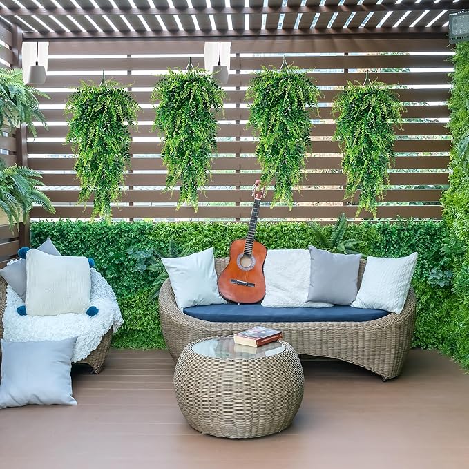 Sggvecsy 4 Pack Artificial Hanging Plants Fake Hanging Plant Faux Hanging Boston Ferns Fake Ivy Vines Greenery UV Resistant Plastic Plants for Indoor Outdoor Room Wall Wedding Patio Porch Decor