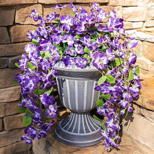 Artificial Hibiscus Fake Hanging Flowers Plants for Outdoors Spring Summer Decor, 4pcs Purple Silk Hibiscus Long Trailing Vines UV Resistant Realistic Faux Flower for Outside Front Door Porch Patio