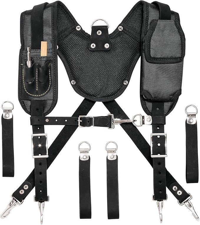 FESA Leather Tool Belt Suspenders for Men with Breathable Mesh Padding, Front Pockets & 4 Loops for Attachment to Work Belts