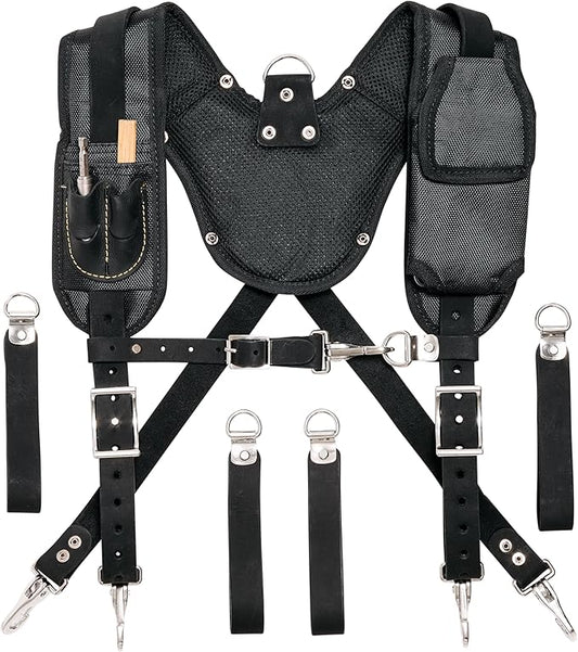 FESA Leather Tool Belt Suspenders for Men with Breathable Mesh Padding, Front Pockets & 4 Loops for Attachment to Work Belts