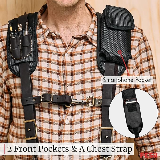 FESA Leather Tool Belt Suspenders for Men with Breathable Mesh Padding, Front Pockets & 4 Loops for Attachment to Work Belts