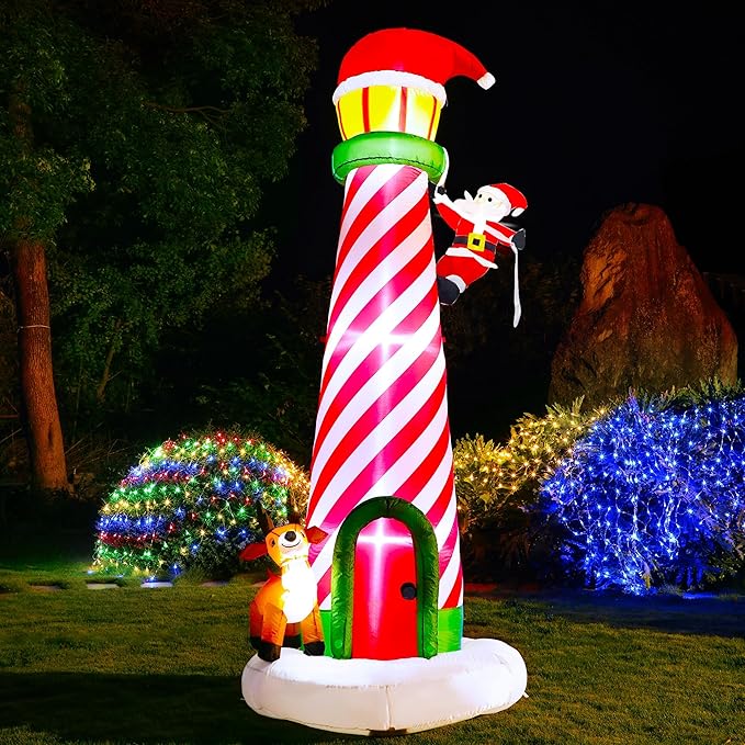 Lulu Home 10FT Christmas Inflatable Decoration, Giant Lighted Lighthouse Blowups with Santa and Reindeer, Air-Blown Ornaments with Storage Bags for Xmas Winter Yard Lawn Garden Outdoor Decor