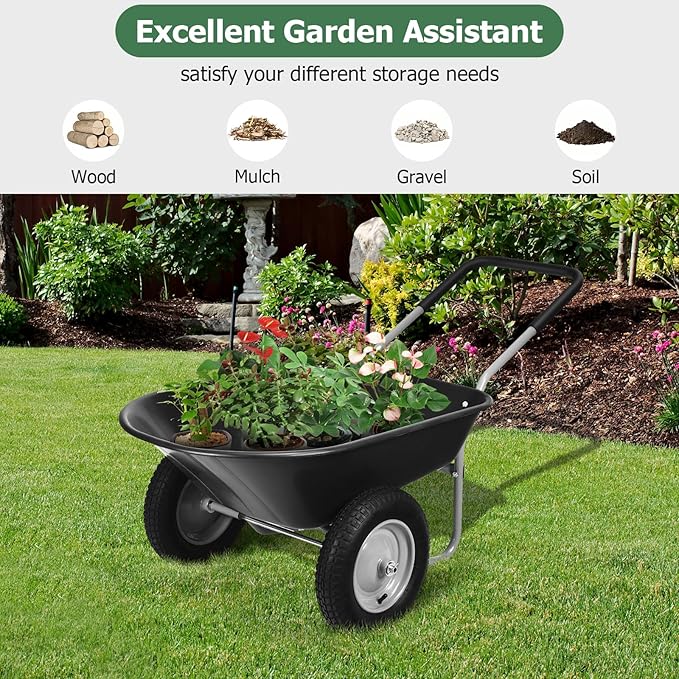 ERGOMASTER Dual-Wheel Wheelbarrow, Home Utility Garden Cart, 330 LBS Capacity, Large Heavy Duty Yard Cart for Gardening & Planting, Lawn, Farm, Construction Site, Black