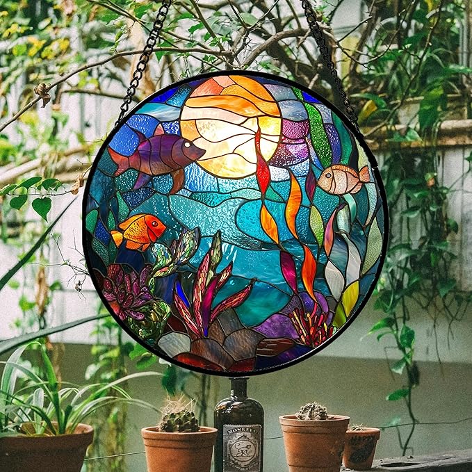 Stained Glass Window Hanging - Blue Ocean World Small Fish Coral Sun Catcher for Door Garden Home Decor Sea Suncatcher Christmas Mother's Day Birthday Gifts for Women Men Mom Nana 11.8 in