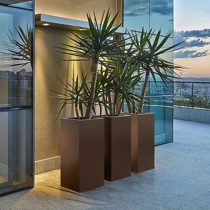Wallowa Metallic Heavy Tall Outdoor/Indoor Planter Box 14Lx14Wx30H Inches, Rectangular Tall Planter, Large Flowerpot, ‎25 Pounds, Espresso, No Assembly Required 1 Pack