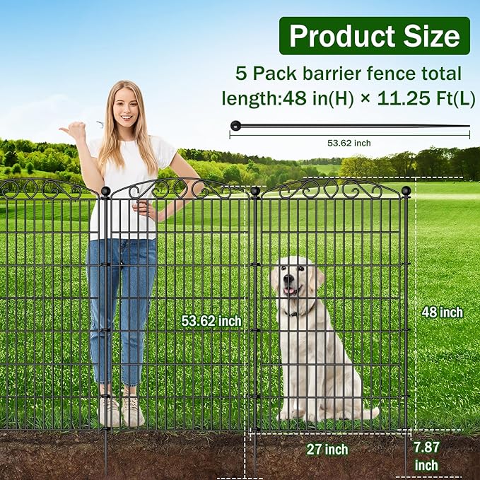 5 Panel No Dig Decorative Garden Fence with Gate - 48in H x 11.2ft L, Tall Animal Barrier for Dogs Rabbits, Rustproof Metal Wire Panels for Yard, Patio, and Outdoor Border Use
