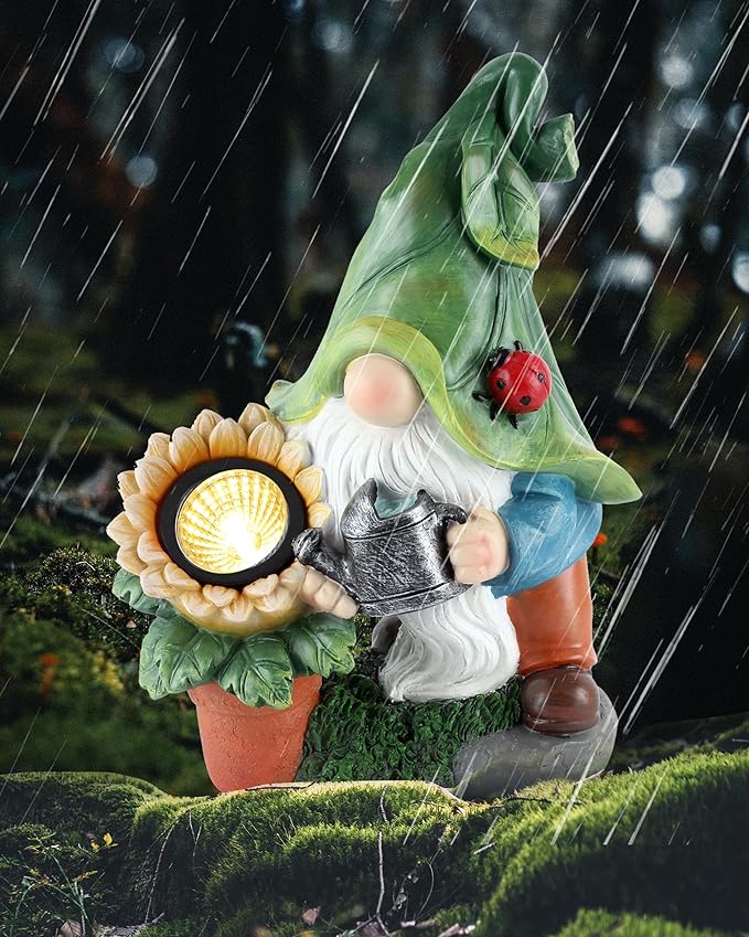 iStatue Large Solar Garden Gnome Figurines Lights - 12 in Tall Hand-Painted Statue for Outdoor Patio Decor, Lawn Ornaments, Yard and Balcony Housewarming Gifts (12'' Gnome)