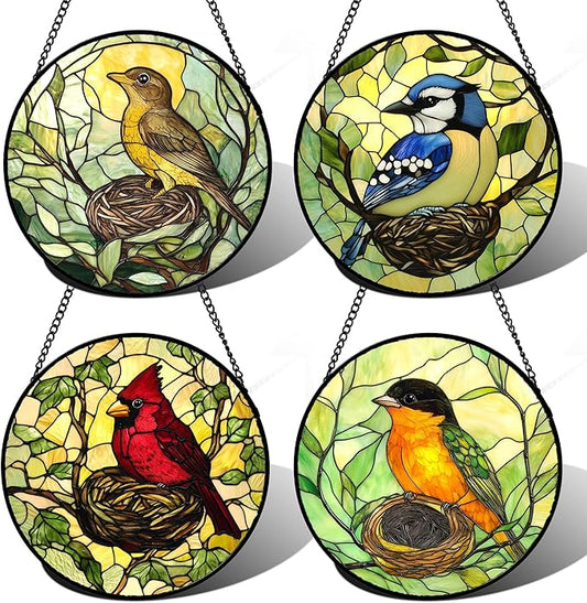 Stained Glass Window Hanging 4 Pcs Set Bird Theme On Branch 7.8" - Cardinal Suncatcher Door Garden Sun Catcher Decor Birthday Christmas for Mom Woman Nana Men