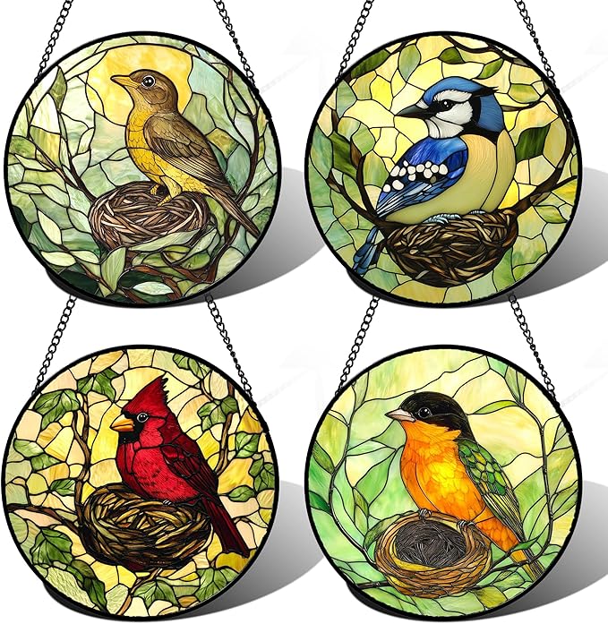 Stained Glass Window Hanging 4 Pcs Set Bird Theme On Branch Large 11.8" - Cardinal Suncatcher Door Garden Sun Catcher Decor Birthday Christmas for Mom Woman Nana Men