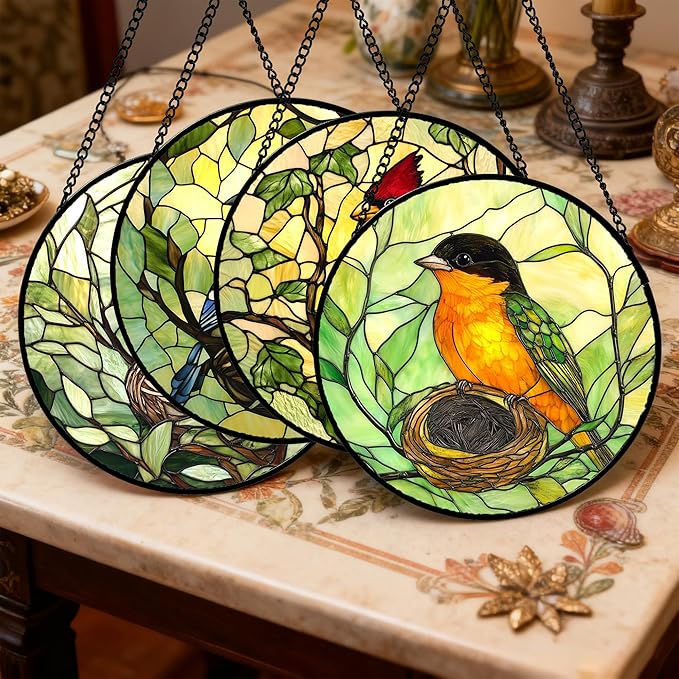 Stained Glass Window Hanging 4 Pcs Set Bird Theme On Branch 6.3" - Cardinal Suncatcher Door Garden Sun Catcher Decor Birthday Christmas for Mom Woman Nana Men