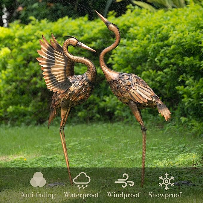 TERESA'S COLLECTIONS Yard Decorations Outdoor Garden Statues, Brass Metal Crane Yard Art, 33-39" Lawn Ornaments for Backyard,Outside Porch,Patio,Heron Decoy Bird Garden Decor,Set of 2,Gifts for Mom