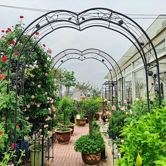 Metal Garden Arch 98.4" H Garden Arbor Trellis for Outdoor Climbing Plants Support Rose Lawn Tall Large Scale Event Arch(L, Black)