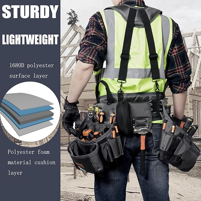 Tool belt,Tool Belts for Men with Suspenders and Magnetic Tool Pouch.Heavy Duty Carpenter/Construction Tool Belt.