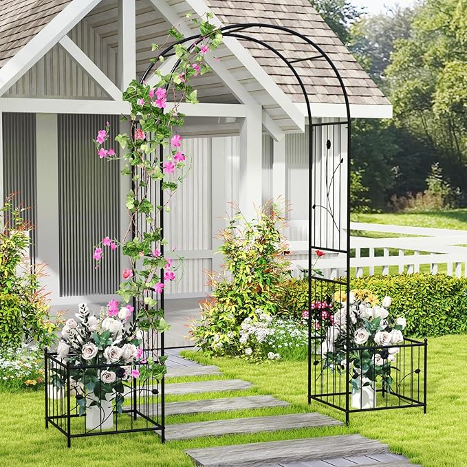 Giantex Garden Arch Trellis with Planters, 86'' Metal Arbor Pergola for Climbing Plants Rose, Heavy-Duty Outdoor Archway for Wedding Party Ceremony Pathway Garden Yard Lawn Decoration