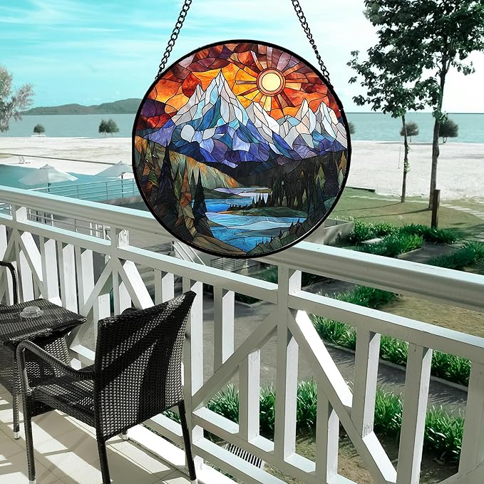 Stained Glass Window Hanging - Colorful Mountain Lake Landscape Sun Catcher for Door Garden Home Decor Suncatcher Christmas Mother's Day Birthday Gifts for Women Men Mom Nana 9.8 in