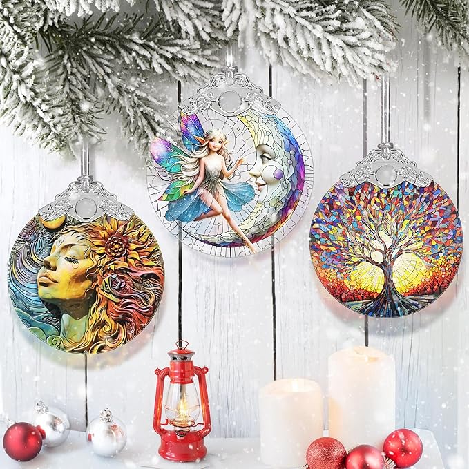 Moon and Fairy Christmas Ornament - Stained Glass Hanging Decor - Tree Decoration - Gifts for Women, Her, Mom