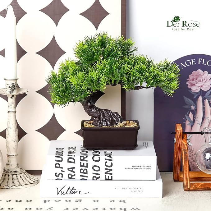 Der Rose 8'' Artificial Bonsai Tree Small Fake Potted Plants for Zen Japanese Home Office Desk Bathroom Shelf Decor (Pine)
