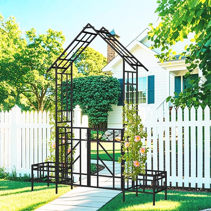 Metal Garden Arbor Arch with Gate and Plant Box, 97“ H Garden Trellis Wedding Arch Party Decoration for Outdoor Lawn Climbing Plants Support Roses Vines (Black Line)
