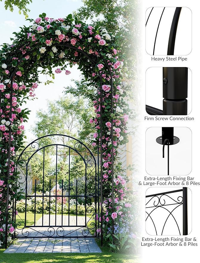 84" Garden Arch Arbor with Gate, Metal Arch Trellis, Garden Archway for Climbing Vines, Wedding Ceremony Decoration, Flourishes & Arrow Tips, Black