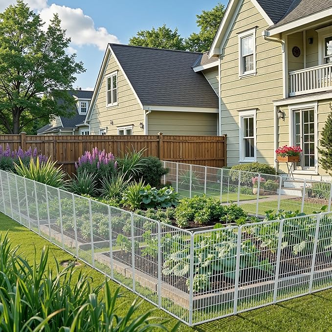 SunsGrove Tall Garden Fence with Gate, 45 in(H) x 26.8 ft(L) 12 Panels Heavy Duty Metal Animal Barrier Fence for Yard, Suitable for Indoor or Outdoor Dog Pet Fence, Garden Fence Border, White