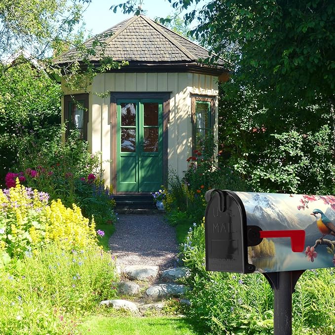 Spring Flowers Bird Mailbox Cover Magnetic Large Size 21x25.5 Inch Spring Mountain Lake Mailbox Covers Floral Rustic Seasonal Mailbox Wraps Oversized Post Letter Box Decor for Garden Yard