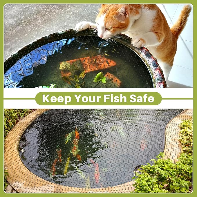 Koi Pond Netting Kit 20 x 30ft, Bird Deer Fence Netting, Durable Net Cover for Leaves, Heavy Duty Fine Mesh, Protect Fish from Blue Heron Birds, Cats & Predators, 30pcs Stakes & Ties Included
