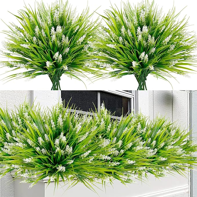Sggvecsy 12 Bundles Artificial Plants Outdoor Faux Lavender Flowers Fake Monkey Grass UV Resistant Plastic Greenery Plants for Garden Home Porch Window Patio Hanging Planter Indoor Decor (White)