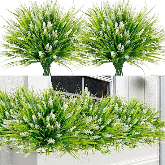 Sggvecsy 12 Bundles Artificial Plants Outdoor Faux Lavender Flowers Fake Monkey Grass UV Resistant Plastic Greenery Plants for Garden Home Porch Window Patio Hanging Planter Indoor Decor (White)