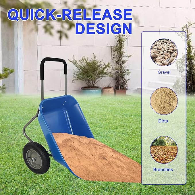 Red Metal Wheelbarrow, Easy Loading and Dumping Garden Cart with Steel Tray, Durable Heavy Duty Utility Trolley for Transporting, Soil, Sand (Blue, 15 inch Inflation 2 Wheels)