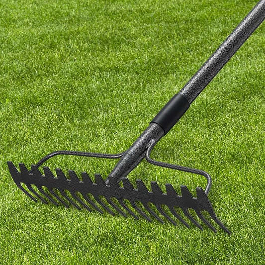 49'' Bow Rake ，17 Tines Metal Head Rakes with Stainless Steel Handle，Heavy Duty Garden Rake for Loosening Soil Gathering Leaf Leveling Lawn Farming Land Management Yarn Thatch Rake
